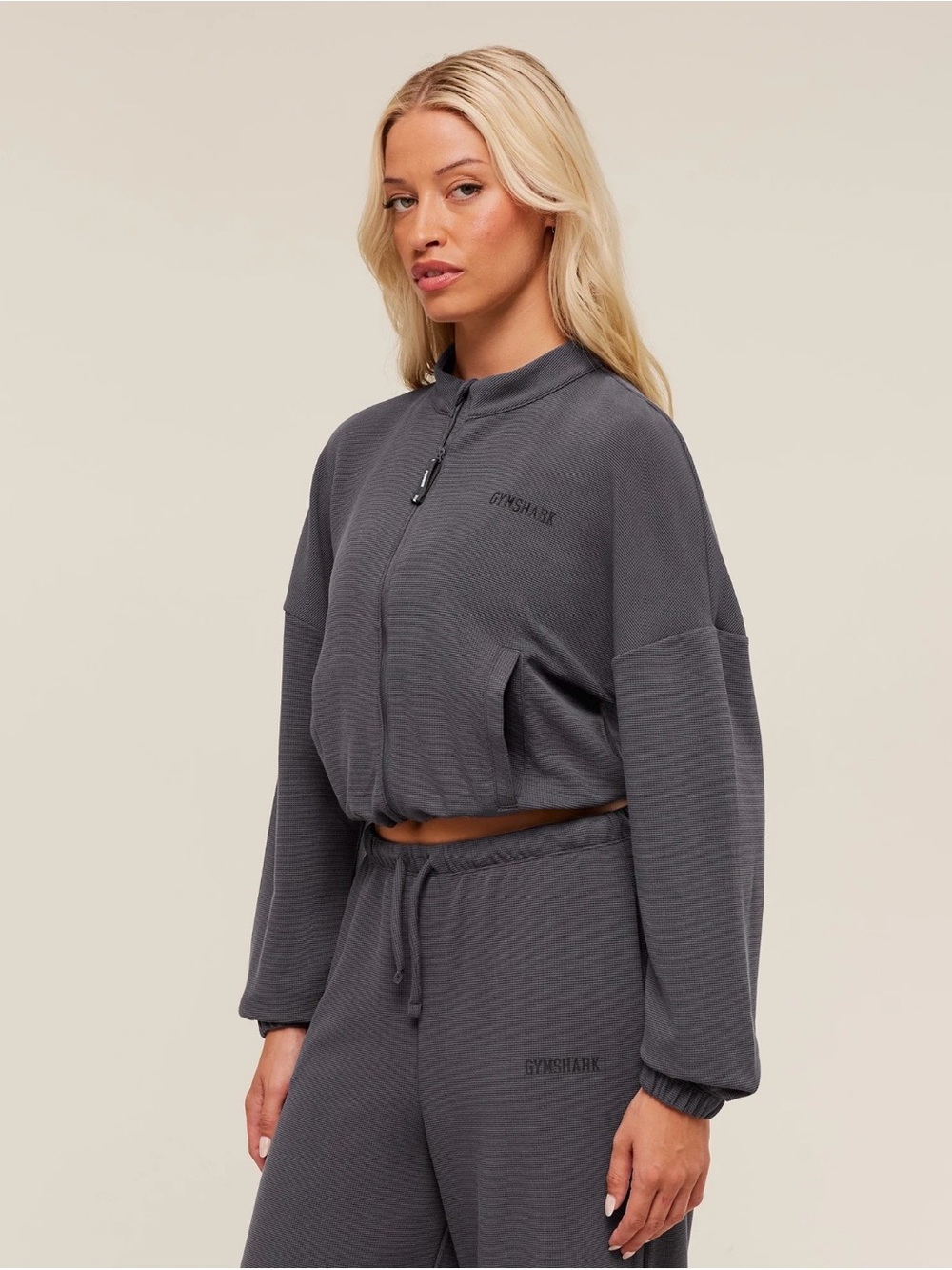 Gymshark Set Grey Waffle Crop Jacket and Wide Leg Pants Womens Size XL